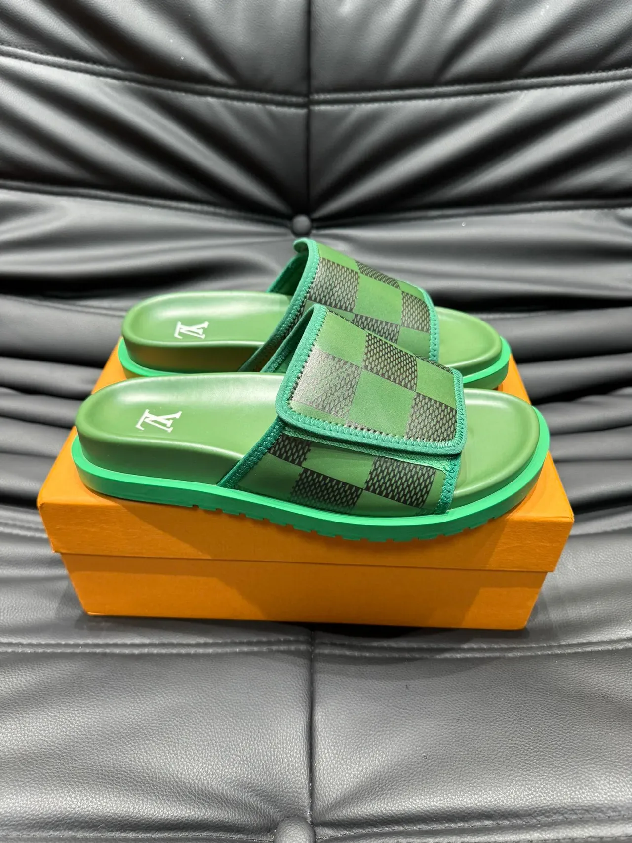 Louis Vuitton Slide Green Checkered Strap Slippers 4