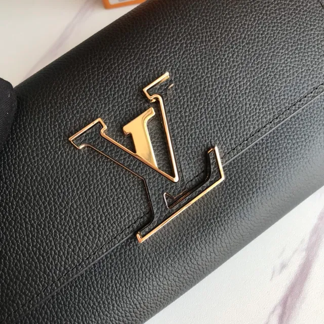 Louis Vuitton Twist Black Gold Pebbled Leather LV Clasp Long Wallet 9