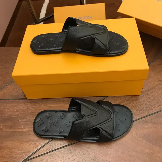 Louis Vuitton V-Strap Slide Black Monogrammed Rubber Sole Overlay Slippers 2
