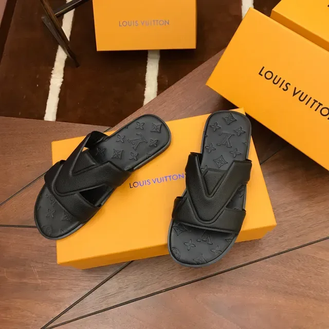 Louis Vuitton V-Strap Slide Black Monogrammed Rubber Sole Overlay Slippers 3