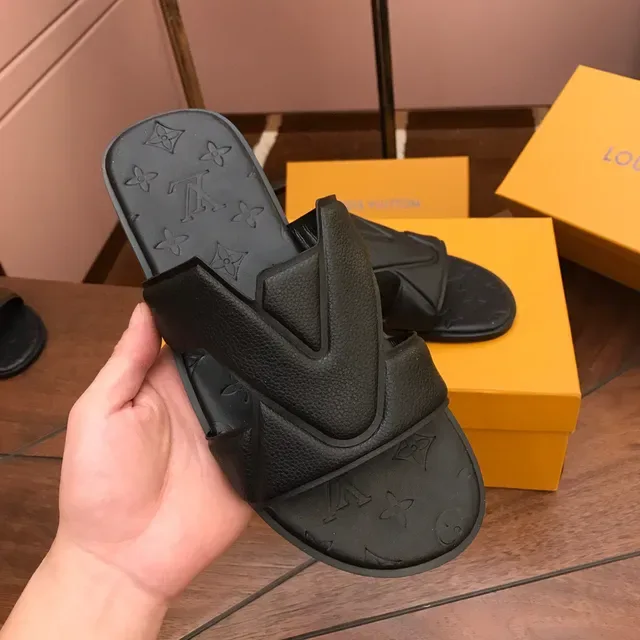 Louis Vuitton V-Strap Slide Black Monogrammed Rubber Sole Overlay Slippers 4