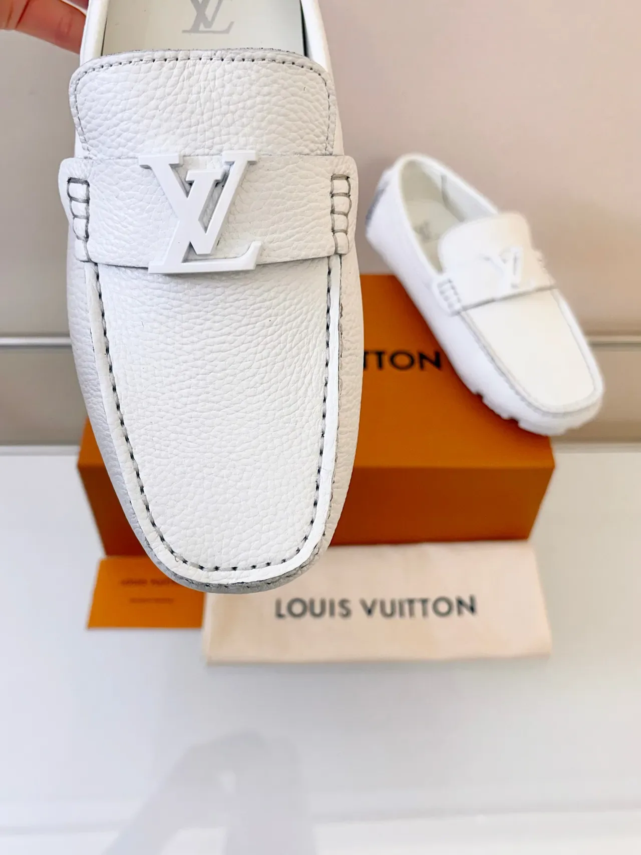 Louis Vuitton White Beige Pebbled Leather Monogram Buckle Loafer 3