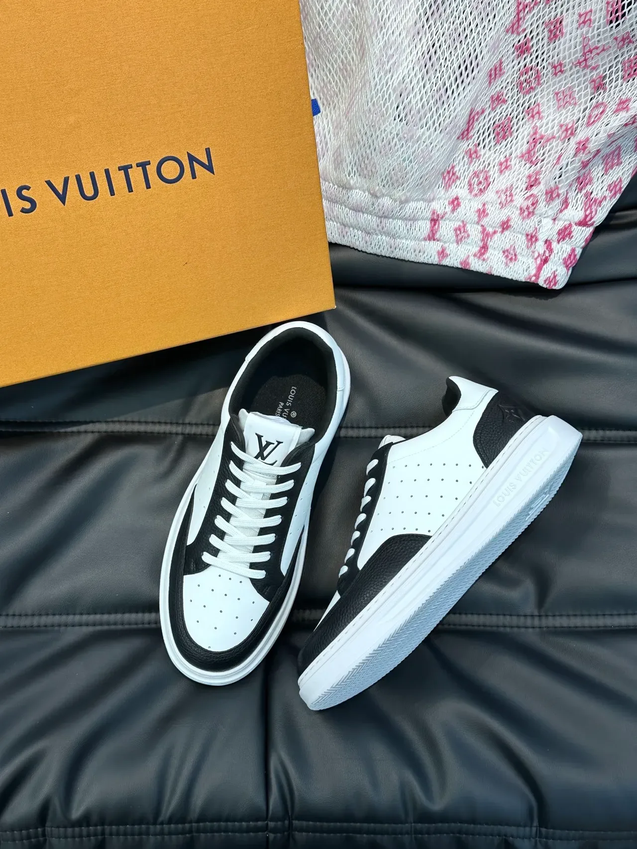 Louis Vuitton White Black Perforated Leather Upper Contrast Textured Overlays Lifestyle Sneakers 4