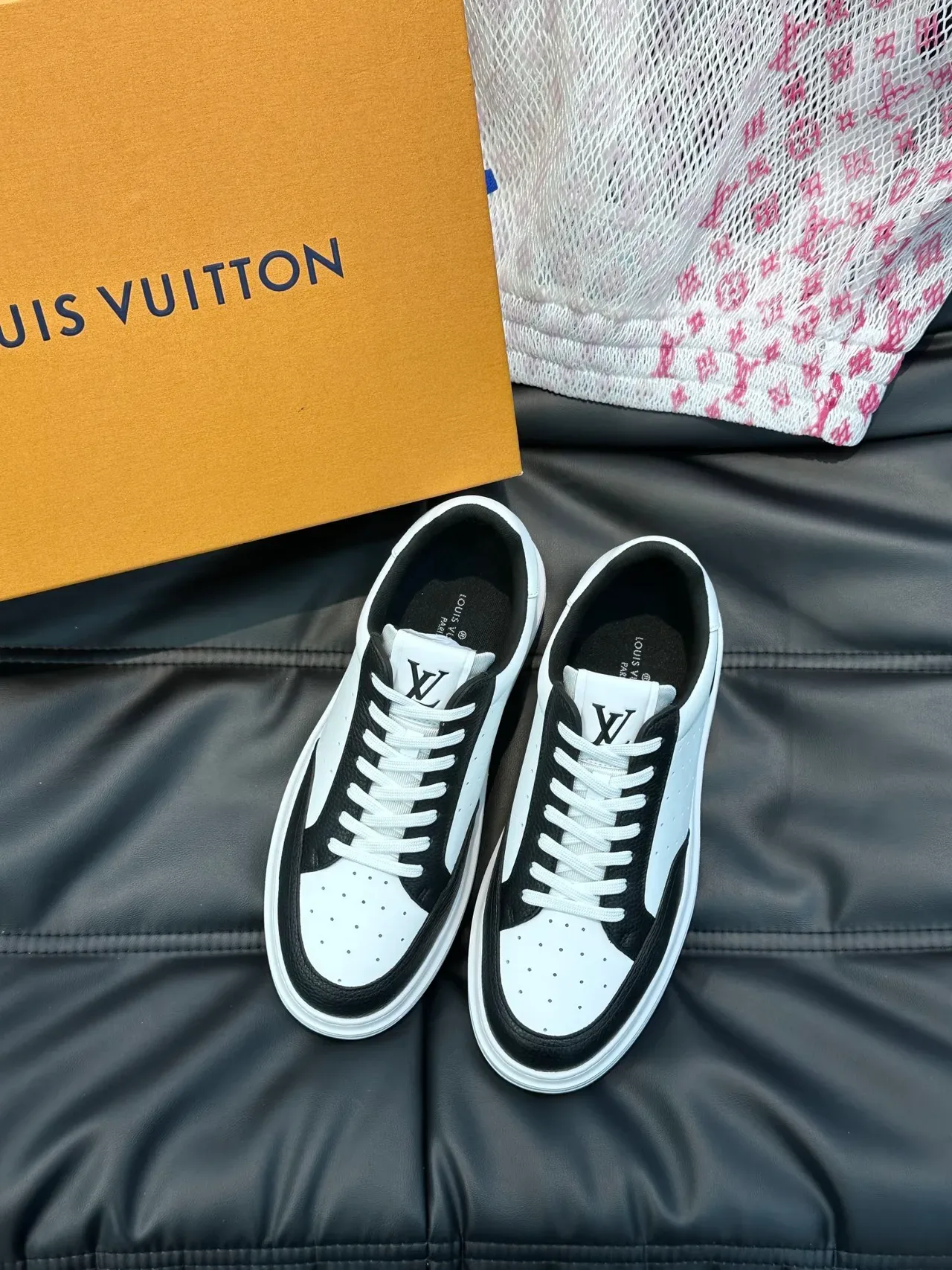 Louis Vuitton White Black Perforated Leather Upper Contrast Textured Overlays Lifestyle Sneakers 5