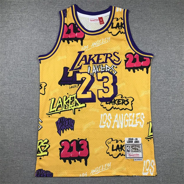 Mitchell & Ness 2018–19 LeBron James Hardwood Classics Graffiti Print Yellow Lakers Jersey 2
