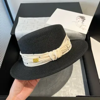 Miu Miu Black Beige Woven Straw Wide-Brimmed Fedora