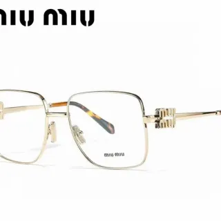 Miu Miu Gold Brown Rectangular Metal Frame Double-M Hinge Detail Optical Glasses