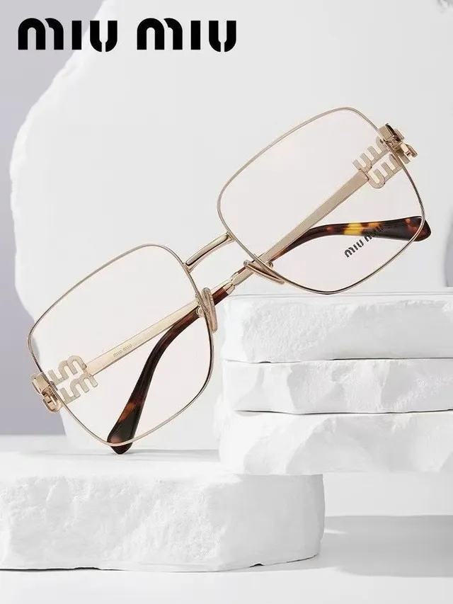 Miu Miu Dorado Marrón Marco Rectangular de Metal Double-M Detalle de Bisagra Gafas Ópticas 6