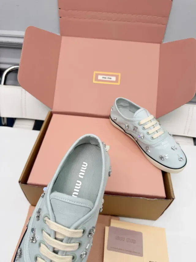 Miu Miu Wander Blue Beige Embellished Canvas Lifestyle Sneakers 2