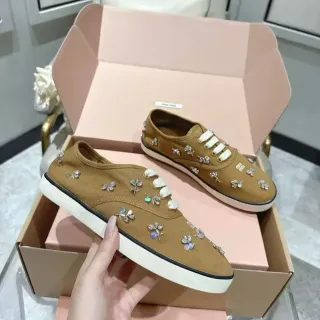 Miu Miu Wander Tan Canvas Crystal-Embellished Lifestyle Sneakers