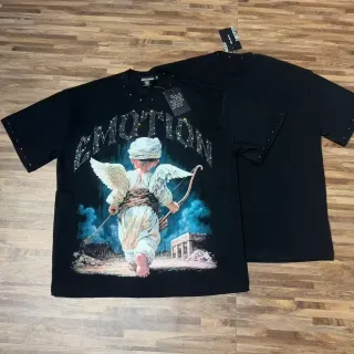 Mixed Emotion Angel Graphic Rhinestone Embellished Black T-Shirt
