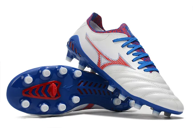 Mizuno حذاء كرة القدم أبيض أزرق أحمر جلد مبطن أرض صلبة أحذية كرة القدم 5
