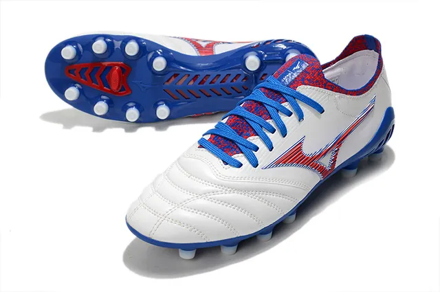 Mizuno حذاء كرة القدم أبيض أزرق أحمر جلد مبطن أرض صلبة أحذية كرة القدم 6