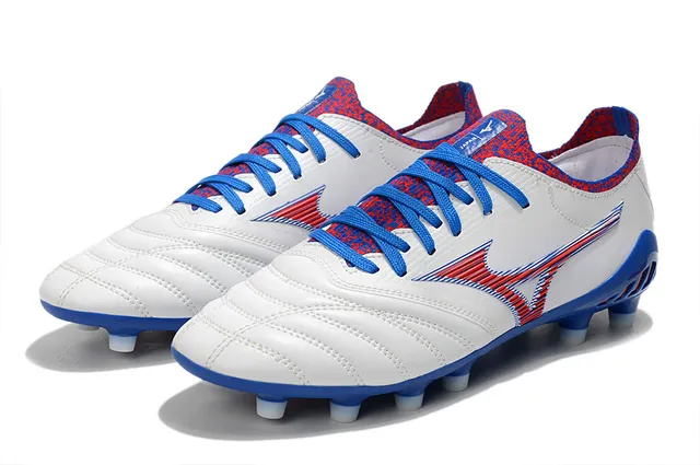 Mizuno حذاء كرة القدم أبيض أزرق أحمر جلد مبطن أرض صلبة أحذية كرة القدم 8