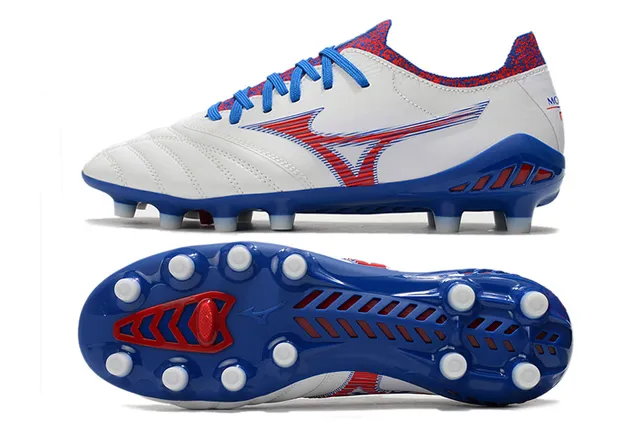 Mizuno حذاء كرة القدم أبيض أزرق أحمر جلد مبطن أرض صلبة أحذية كرة القدم 9