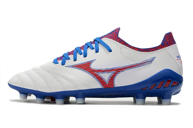 Mizuno حذاء كرة القدم أبيض أزرق أحمر جلد مبطن أرض صلبة أحذية كرة القدم 10