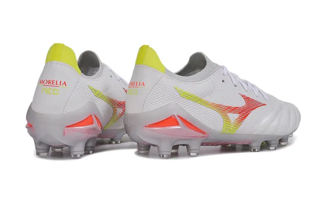 Mizuno Morelia Neo সাদা নিওন হলুদ কমলা দৃঢ় মাটি সকার জুতো 5