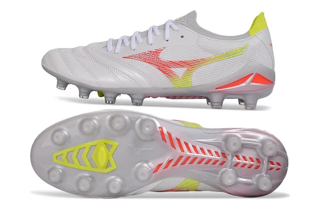 Mizuno Morelia Neo সাদা নিওন হলুদ কমলা দৃঢ় মাটি সকার জুতো 6