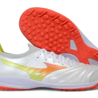Mizuno White Orange Quilted Synthetic Upper Wave-Logo Side Stripe Turf Soccer Shoes