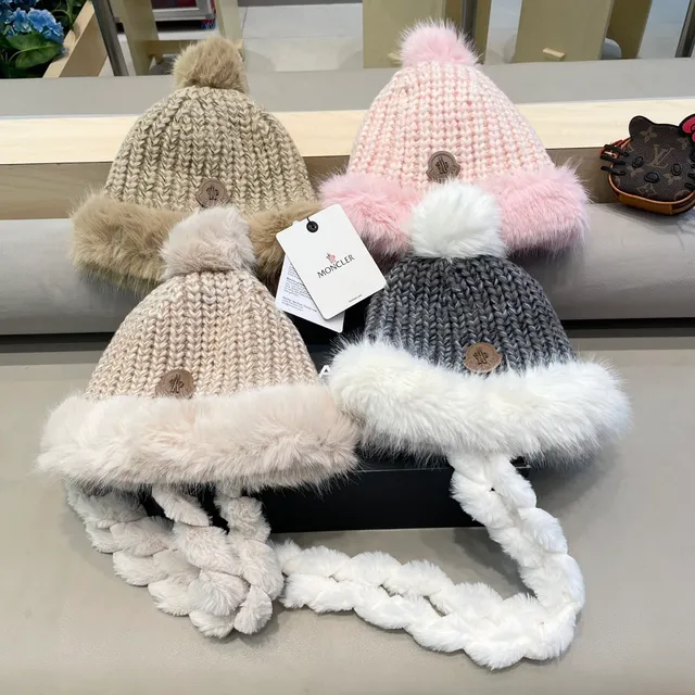 Moncler Beige Brown Gorro Tricota Gruesa con Cable Ribete de Piel Sintética 2