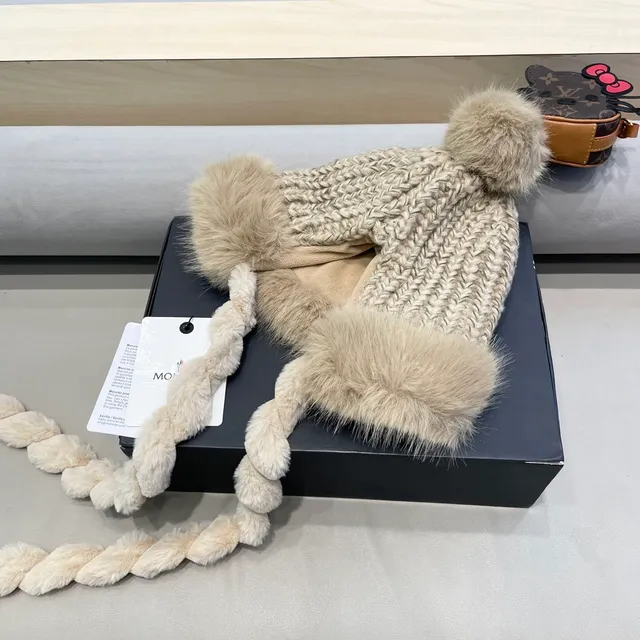 Moncler Beige Brown Gorro Tricota Gruesa con Cable Ribete de Piel Sintética 5