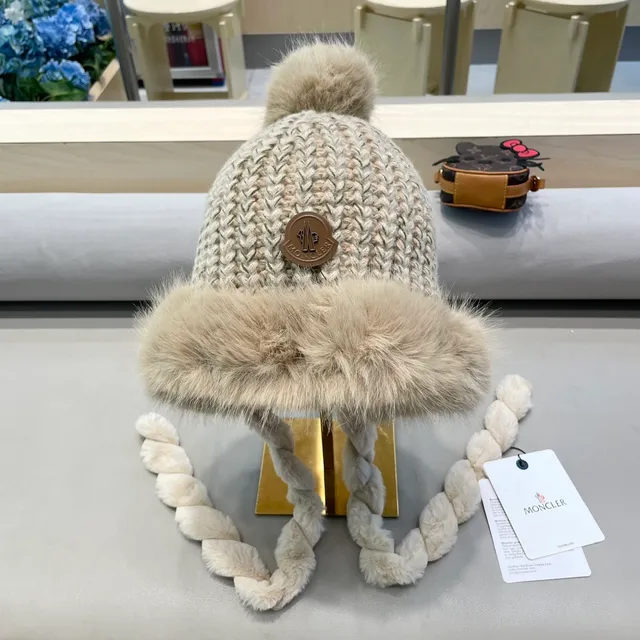 Moncler Beige Brown Gorro Tricota Gruesa con Cable Ribete de Piel Sintética 9