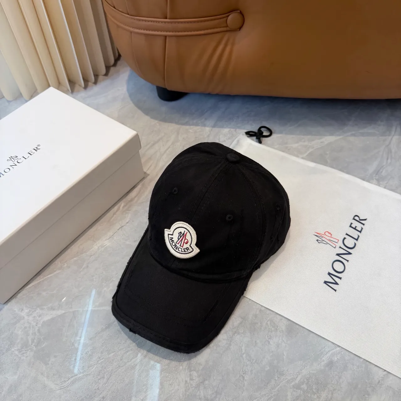Moncler Black White Distressed Raw-Edge Brim Embroidered Logo Patch Baseball Cap 5