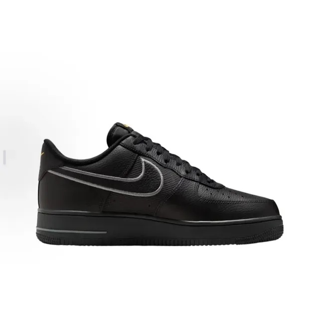 Nike Air Force 1 جلد أسود وذهبي وشبكة في الأعلى إطار Swoosh فضي معدني حذاء رياضي أسلوب حياة 4