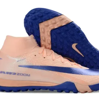 Nike Bege Azul Tênis de Futebol Alto com Colar de Meia e Solado para Gramado