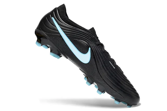 Nike Zapatos de fútbol negros y azules con empeine sintético ribeteado, cuello bajo y para terreno firme 2