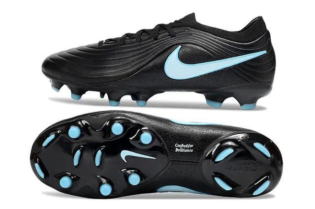 Nike Zapatos de fútbol negros y azules con empeine sintético ribeteado, cuello bajo y para terreno firme 7