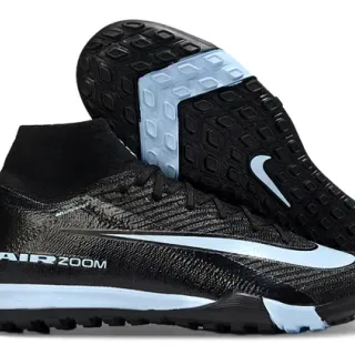 Nike Chaussures de Soccer Turf Noir et Bleu, Collet de Chaussette, Partie Supérieure en Tricot Texturé