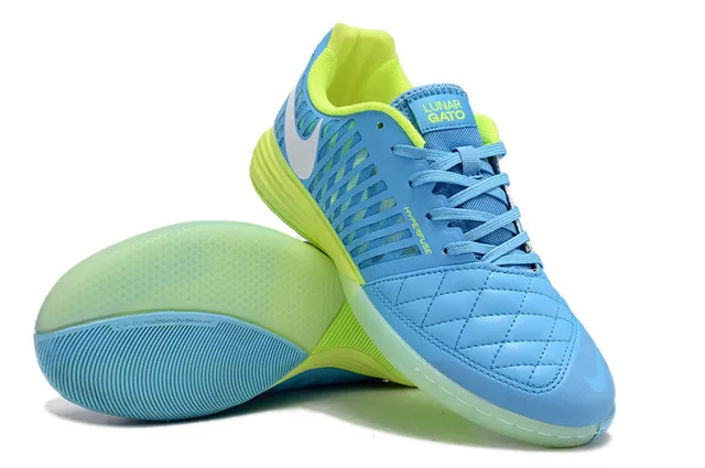 Nike Zapatillas de fútbol indoor azul verde con capucha de dedo acolchada perforada de material sintético jaula 4