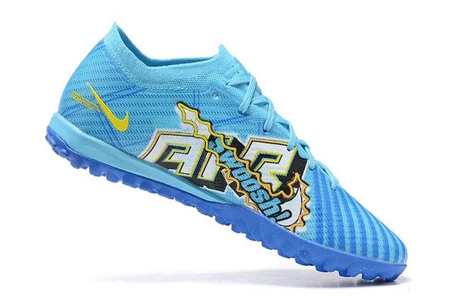 Nike Blue Yellow Low-Cut Knit Upper Dynamic Cage Overlay Turf Soccer Shoes 3