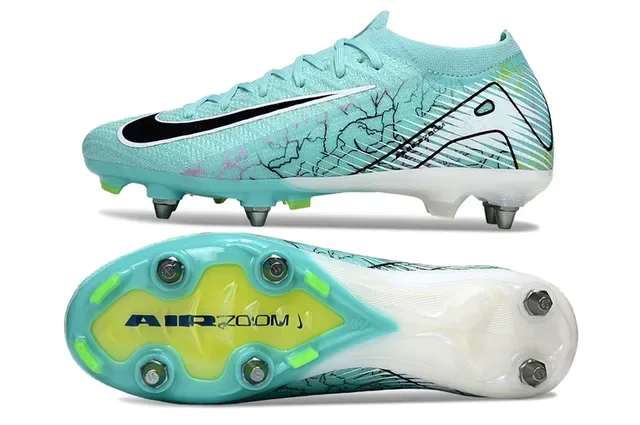 Nike Mercurial Vapor Chaussures de football bleu vert en maille avec overlay d'art linéaire graphique pour surface ferme 6