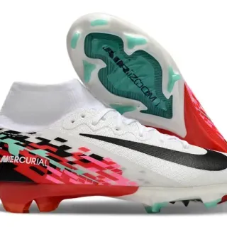 Nike Mercurial Branco e Vermelho Colar Ajuste Meia Superposição Gráfica Pixelada Sapatos de Futebol Solo Firme