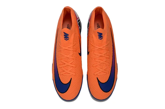 Nike Sapatos de futebol com upper laranja azul knit, ajuste dinâmico no colar, para gramado firme 2