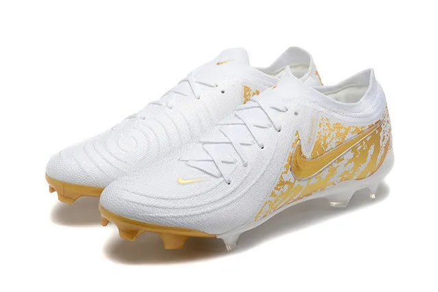 Nike Phantom GT Chaussures de football à empeigne tricot blanc doré, impression de pulvérisation graphique, terrain ferme 8