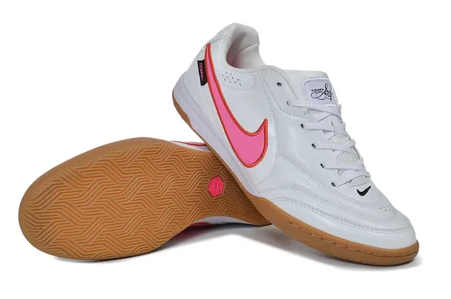 Nike Tiempo Branco Rosa Couro Superior Silhueta Baixa Tênis de Futebol Indoor 4