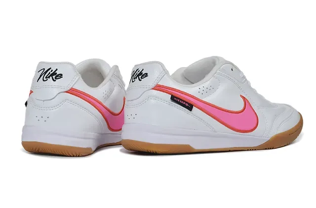 Nike Tiempo Branco Rosa Couro Superior Silhueta Baixa Tênis de Futebol Indoor 5