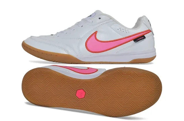Nike Tiempo Branco Rosa Couro Superior Silhueta Baixa Tênis de Futebol Indoor 6