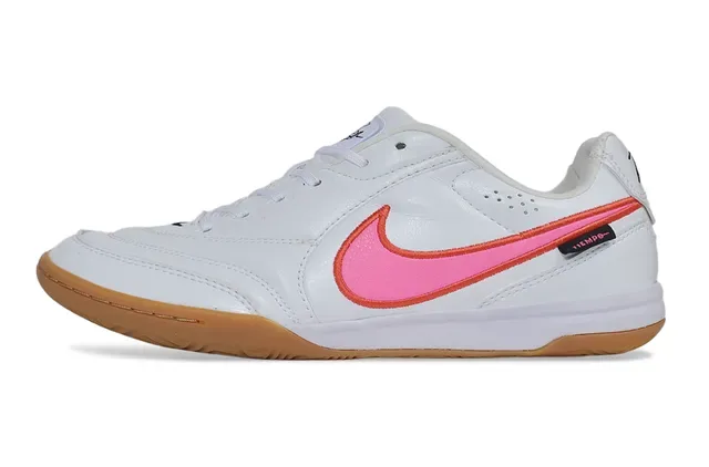 Nike Tiempo Branco Rosa Couro Superior Silhueta Baixa Tênis de Futebol Indoor 7
