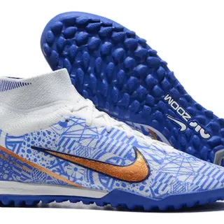 Nike Branco Azul High Top Superior Sintético com Padrão para Grama Artificial Sapatos de Futebol