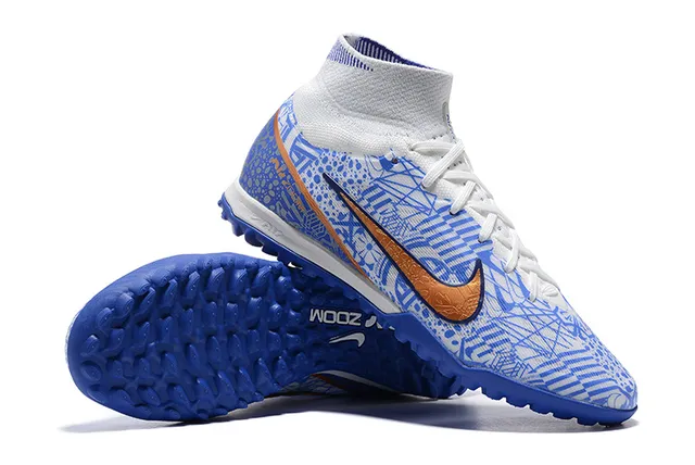 Nike White Blue High-Top Patterned Synthetic Upper Turf Soccer Shoes 6