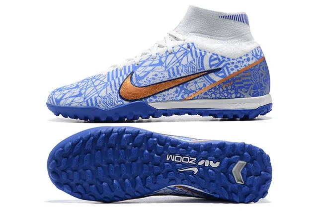 Nike White Blue High-Top Patterned Synthetic Upper Turf Soccer Shoes 9