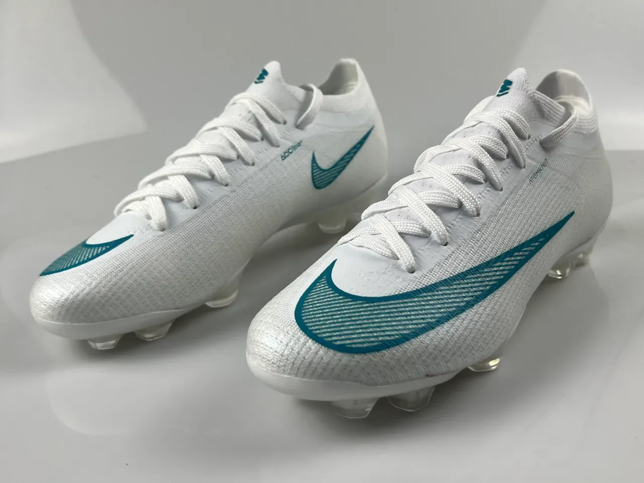Nike White Blue Knit Upper Teal Swoosh Overlay Firm-Ground Soccer Shoes 3