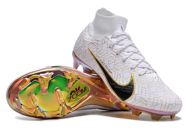 Nike Branco Dourado High-Cut Flyknit Superior Placa Sola Iridescente Solo Firme Sapatos de Futebol 2