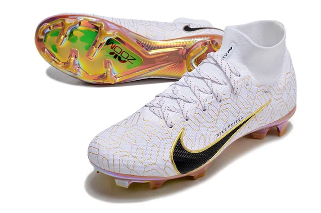 Nike Branco Dourado High-Cut Flyknit Superior Placa Sola Iridescente Solo Firme Sapatos de Futebol 3