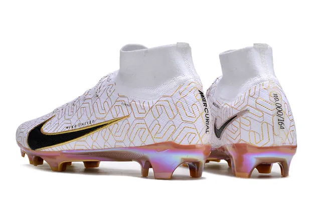 Nike Branco Dourado High-Cut Flyknit Superior Placa Sola Iridescente Solo Firme Sapatos de Futebol 4