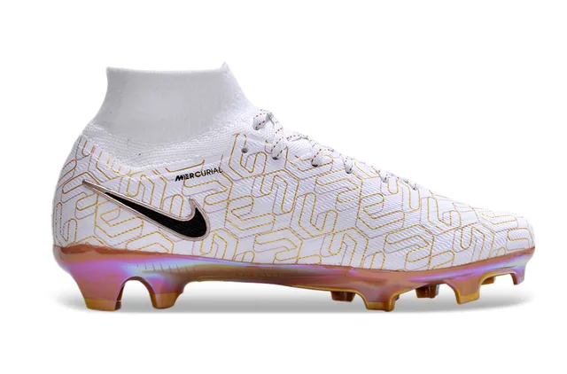 Nike Branco Dourado High-Cut Flyknit Superior Placa Sola Iridescente Solo Firme Sapatos de Futebol 5